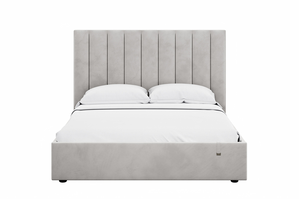 Спальня Дакота композиция 1 меренга, белый, с кроватью Ингрид/Ingrid 1600 велюр ультра смог/ultra smoke, пуф Альба 450 велюр ультра смог/ultra smoke