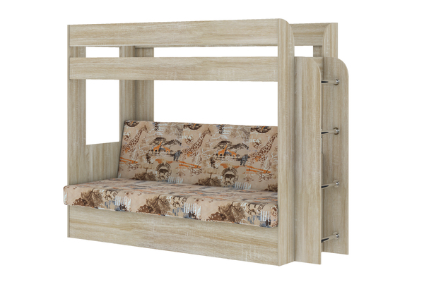 Кровать детская двухъярусная Карамель 75 Дуб Сонома, диван - велюр Савана (сборка на любую сторону) спальное место верх 80х190, низ 120х185