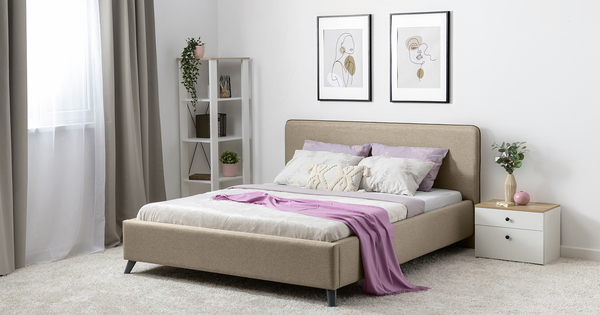 Кровать Миа 160 рогожка бежево-коричневый, кант желтовато-коричневый с ортопедическим основанием и подъемным механизмом