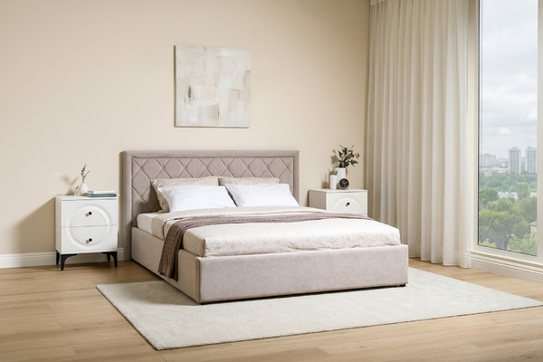 Кровать Марион 160 велюр OCEAN 005 темно-бежевый с ортопедическим основанием и подъемным механизмом (спальное место 160 х 200)