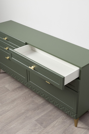 Комод Марион 16.256 дымчатый зеленый K521, олива шагрень AG 1050 ПВХ, белый PE шагрень