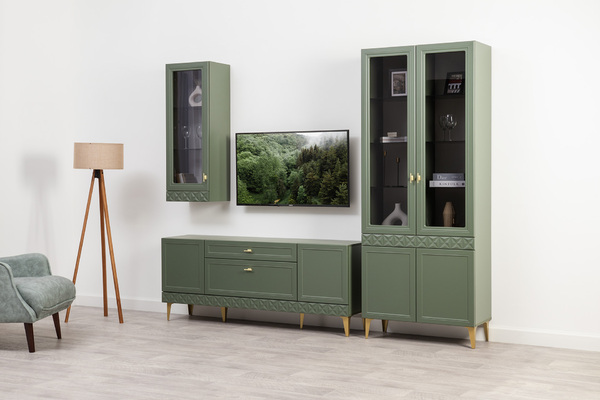 Гостиная Марион композиция 2 дымчатый зеленый K521, олива шагрень AG 1050 ПВХ, белый PE шагрень (собирается на любую сторону)