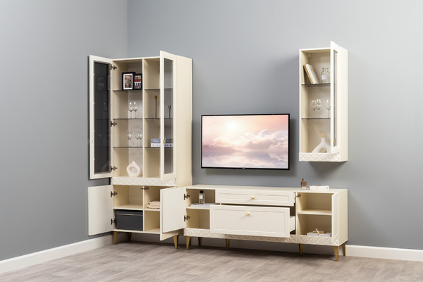 Гостиная Марион композиция 1 слоновая кость С341 PE, слоновая кость 6898 ПВХ, белый PE шагрень (собирается на любую сторону)