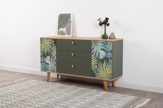 Комод Маттиас 16.245 дымчатый зеленый K521, гикори рокфорд натуральный KO86 PW, белый PE шагрень, фотопечать