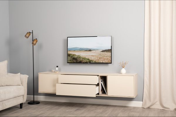 Тумба под ТВ Тайл 16.62 сатин 7045 SU, эмили блаш U9135, белый PE шагрень, напольная/навесная установка, собирается на любую сторону