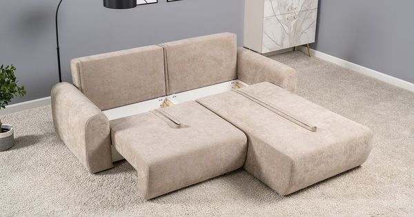 Диван-кровать угловой Тэдди 1502 композиция 2, букле Pique 006 бежевый, модульная система, сборка на любую сторону